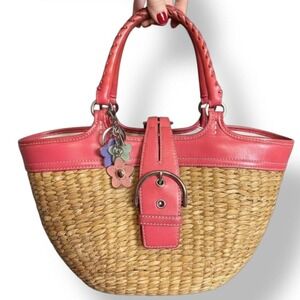Y2k Coach 2003 Pink Basket Weave Straw Leather Soho Buckle Bag